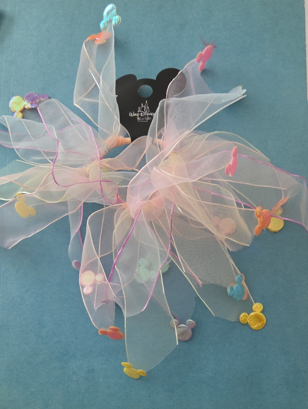 Disney Pastel Pink Tulle Hair Scrunchie with Multicolor Mickey Charms